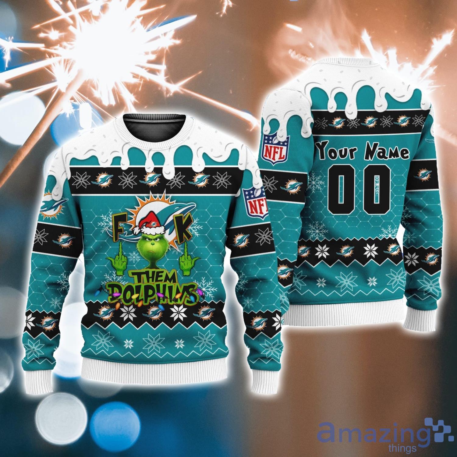 Miami Dolphins Shop - NFL Grinch Miami Dolphins Personalized Name And Number Ugly Christmas Sweater