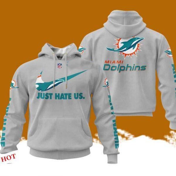 Custom Name NFL Miami Dolphins Just Hate Us Grey Hoodie 3D Printed Classic Style