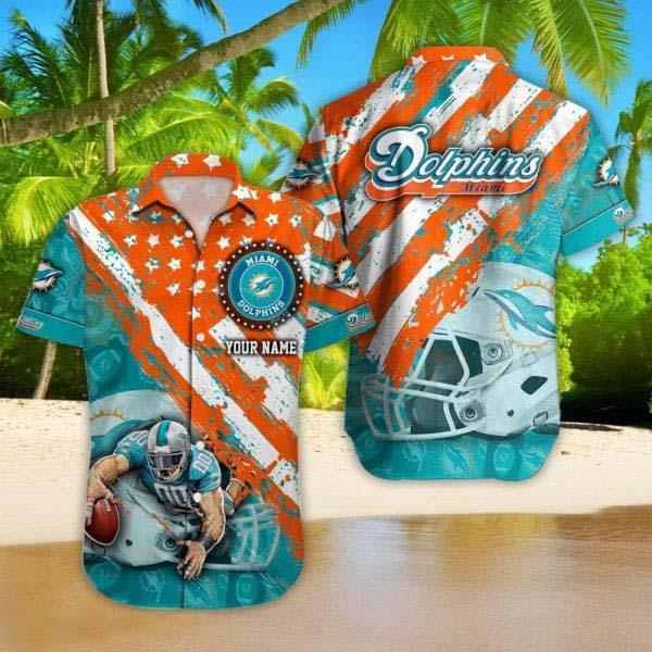 Miami Dolphins NFL Flag Pattern Hawaiian Shirt Custom Name For Fans Summer Gift