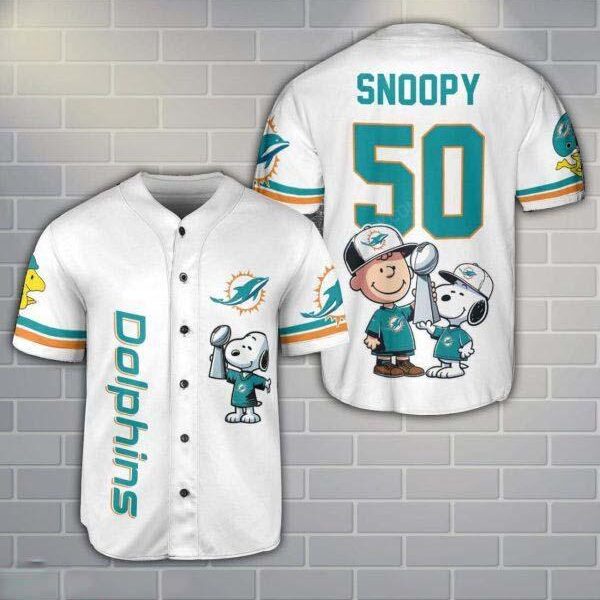 Miami Dolphins Peanut Snoopy Champion Baseball Jersey Shirt For Fans White Shirt Custom Name Number