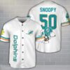 Miami Dolphins Snoopy Baseball Jersey White Cute Gift For Fans Custom Name Number