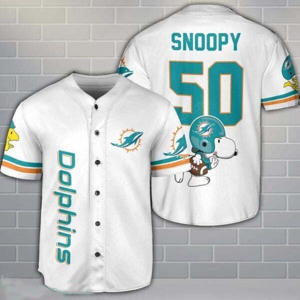 Miami Dolphins Snoopy Baseball Jersey White Cute Gift For Fans Custom Name Number