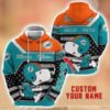 Personalized Name NFL Miami Dolphins Hoodie Snoopy Cute 3D Hoodie For Fans