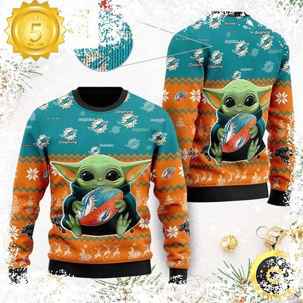 Baby Yoda NFL Miami Dolphins Cute Funny Best For 2023 Holiday Christmas Ugly Sweater - available at - miamidolphinsfanstore.com