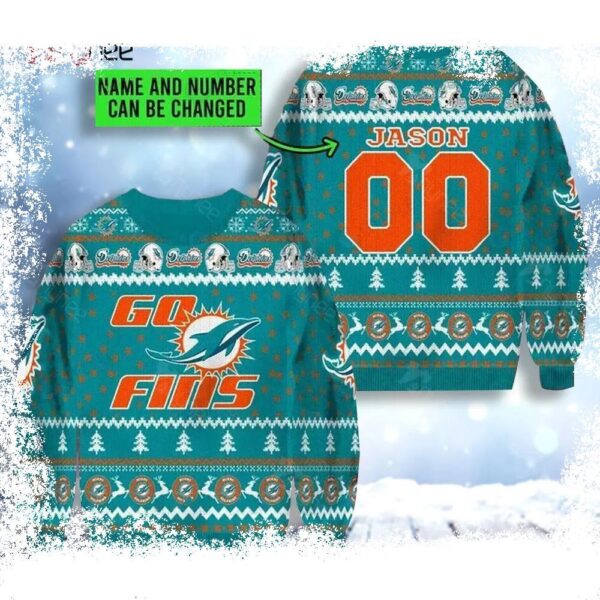 Custom Name Go Fins Miami Dolphins Ugly Christmas Sweater - available at - miamidolphinsfanstore.com