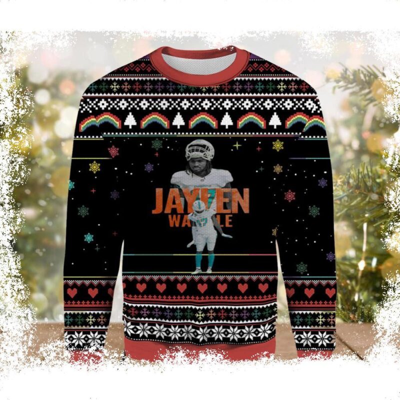 Jaylen Waddle Miami Dolphins Ugly Christmas Sweater - available at - miamidolphinsfanstore.com