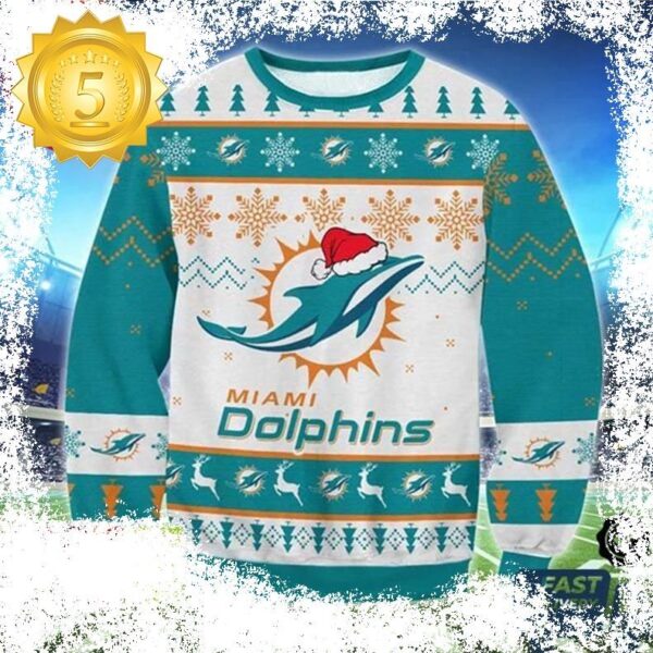 Miami Dolphins Big Logo Snowflake Pattern For Holiday Ugly Christmas Sweater - available at - miamidolphinsfanstore.com