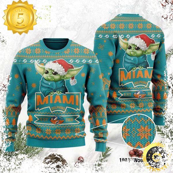 Miami Dolphins Cute Baby Yoda Grogu Cute Funny Best For 2023 Holiday Christmas Ugly Sweater - available at - miamidolphinsfanstore.com