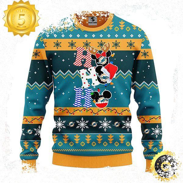 Miami Dolphins HoHoHo Mickey Disney Funny Cute Best For 2023 Holiday Christmas Ugly Sweater - available at - miamidolphinsfanstore.com