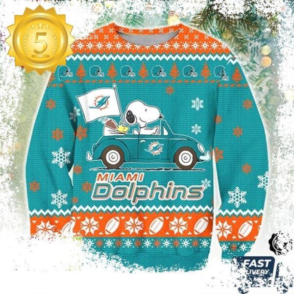 Miami Dolphins Snoopy Driving Car Snowflake Pattern Ugly Christmas Sweater - available at - miamidolphinsfanstore.com