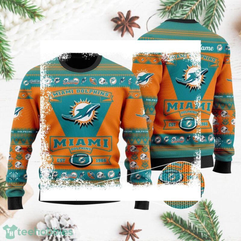 Miami Dolphins Ugly Christmas Sweater All Over Printed Custom Name Christmas Gift For Fans - available at - miamidolphinsfanstore.com