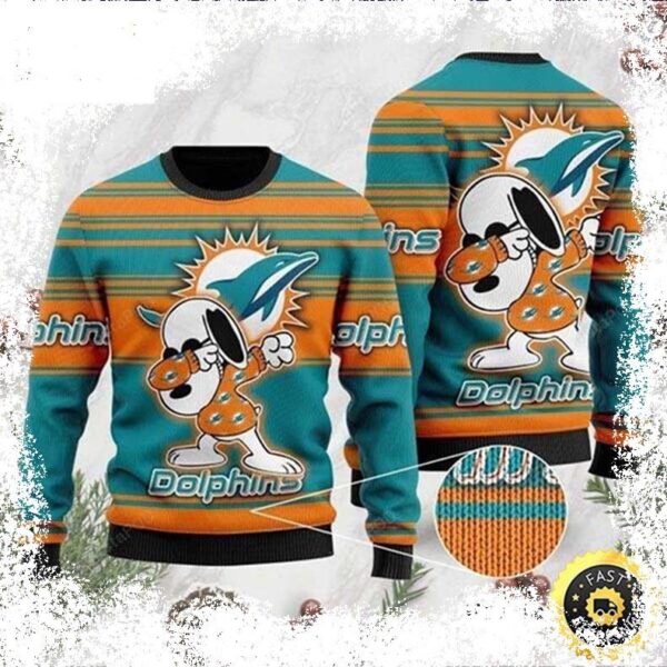 NFL Miami Dolphins Snoopy Dabbing Cute Funny Best For 2023 Holiday Christmas Ugly Sweater - available at - miamidolphinsfanstore.com